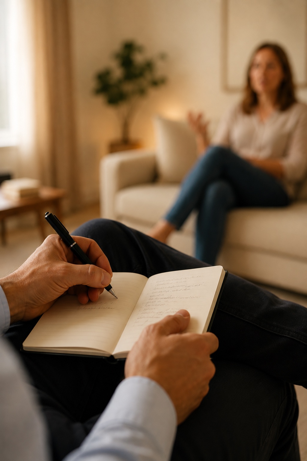 Uno psicoterapeuta prende appunti durante un colloquio